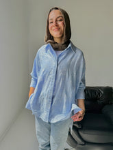 Embroidered Linen Shirt Oversize - Blue