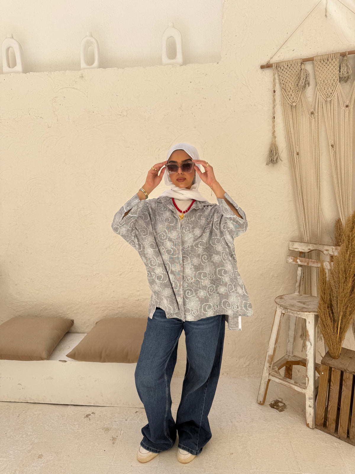 Embroidered Linen Shirt Oversize - Grey