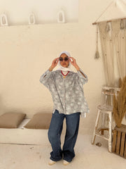 Embroidered Linen Shirt Oversize - Grey