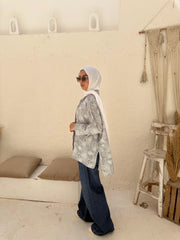 Embroidered Linen Shirt Oversize - Grey