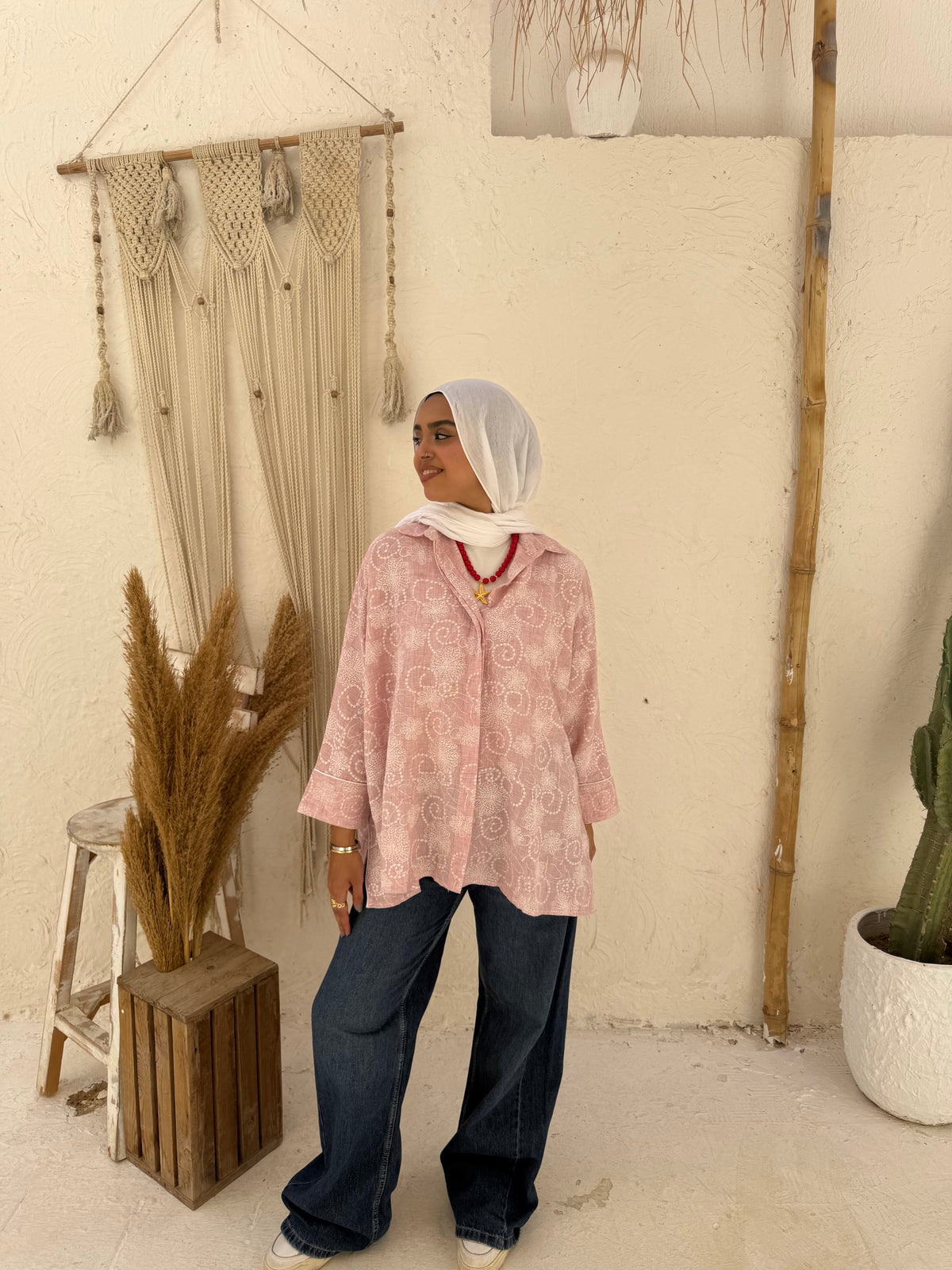 Embroidered Linen Shirt Oversize - Pink
