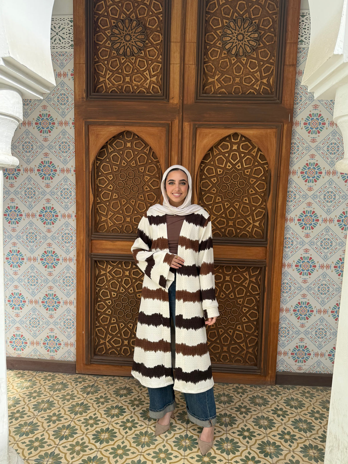 Striped Long Cardigan in Brown