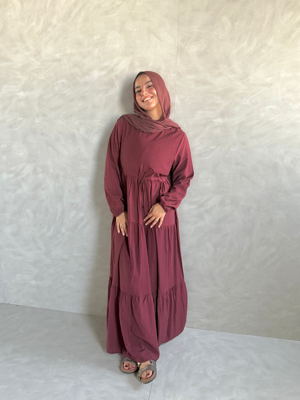 Zahra Dress with Belt in Burgundy