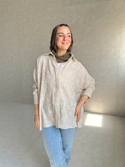 Embroidered Linen Shirt Oversize - Beige