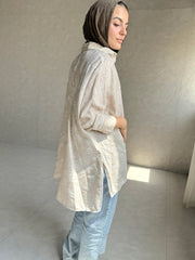 Embroidered Linen Shirt Oversize - Beige