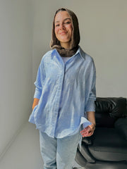 Embroidered Linen Shirt Oversize - Blue