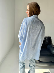 Embroidered Linen Shirt Oversize - Blue