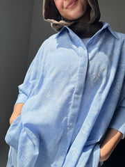 Embroidered Linen Shirt Oversize - Blue