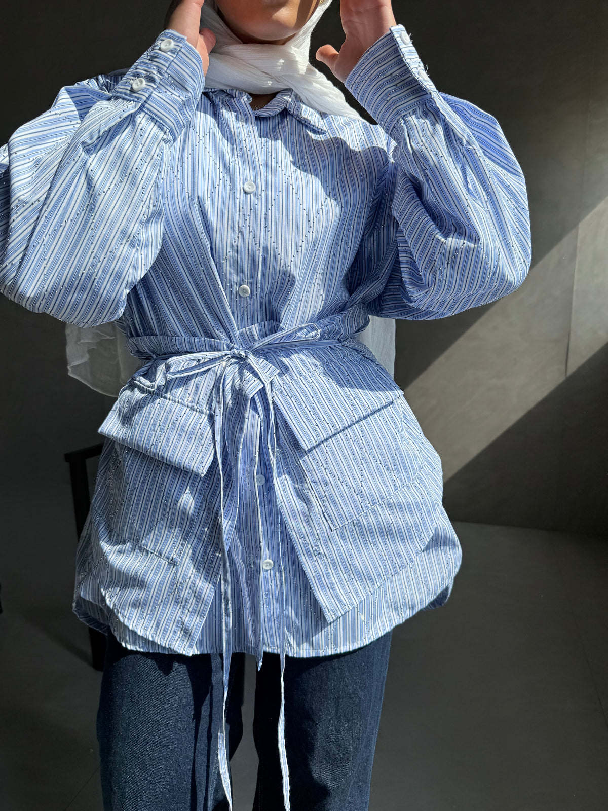Popline Strass Shirt with 2 pocket - Blue