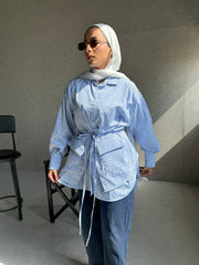 Popline Strass Shirt with 2 pocket - Blue